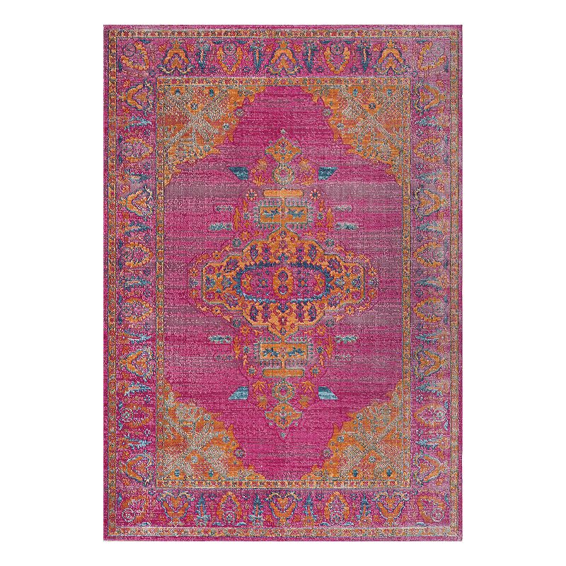 nuLOOM Queenie Vintage Medallion Framed Floral Rug, Pink, 2.5X8 Ft