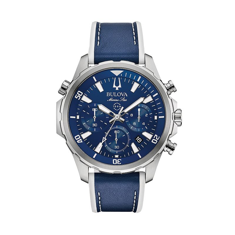 Bulova Men's Marine Star Leather Chronograph Watch - 96B287, Size: Large, Blue