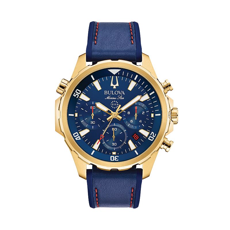 Bulova Men's Marine Star Leather Chronograph Watch - 97B168, Size: Large, Blue