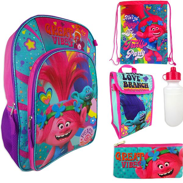 Poppy Trolls Backpack with Lunch Tote Set 16" School Bag Faux Hair 