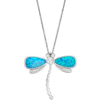 Sterling Silver Lab-Created Blue Opal & Cubic Zirconia Dragonfly Pendant Necklace