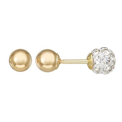Charming Girl 14k Gold Reversible Ball & Crystal Fireball Stud Earrings