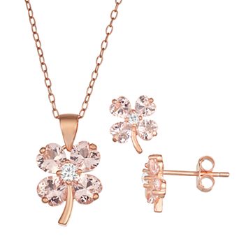 18k Rose Gold Over Silver Pink Crystal & Cubic Zirconia Clover Jewelry Set