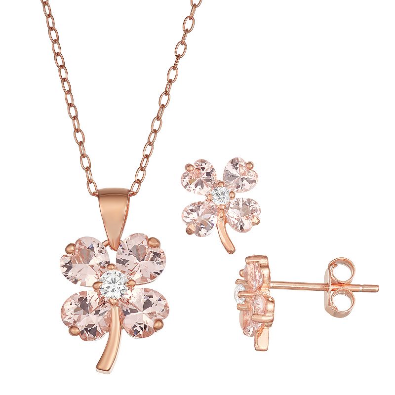 18k Rose Gold Over Silver Pink Crystal & Cubic Zirconia Clover Jewelry Set, Women's, Pink Tone