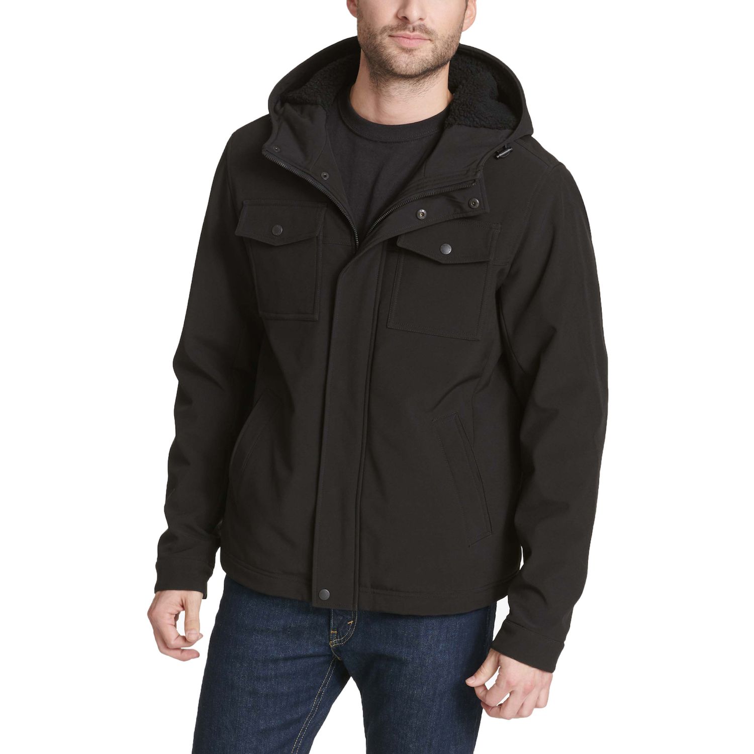 levi's men's soft shell hooded trucker jacket with sherpa fleece lining