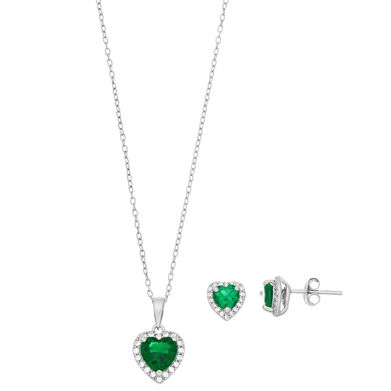 Sterling Silver Simulated Emerald & Lab-Created White Sapphire Heart Halo 