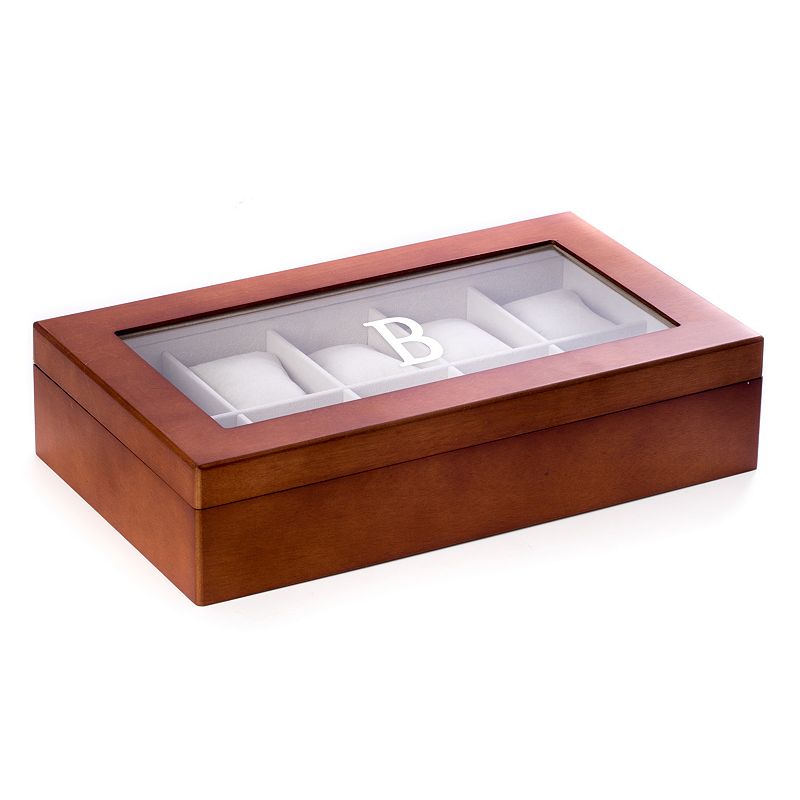 Bey-Berk Light Brown Wood Initial Monogram Ten Watch Storage Box