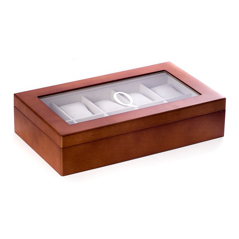 Bey-Berk Light Brown Wood Initial Monogram Ten Watch Storage Box, Q