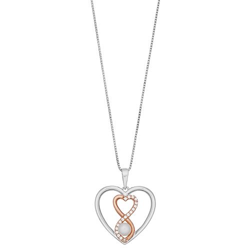 18k Rose Gold over Silver Pearl Heart Pendant Necklace