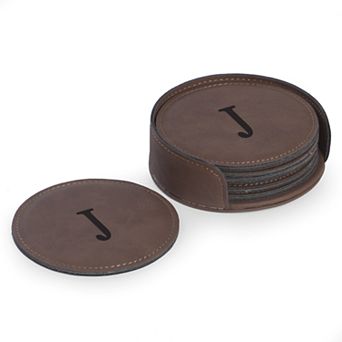 Bey-Berk Initial Monogram Brown Leather Coaster Set