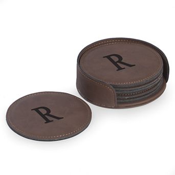 Bey-Berk Initial Monogram Brown Leather Coaster Set
