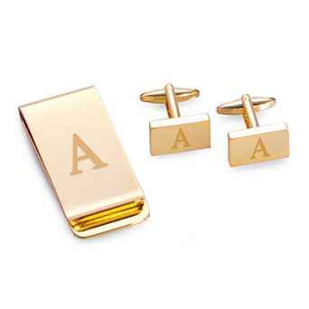 Bey-Berk Gold Tone Monogram Money Clip & Cufflinks Set