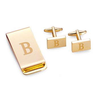 Bey-Berk Gold Tone Monogram Money Clip & Cufflinks Set