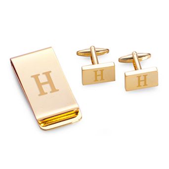Bey-Berk Gold Tone Monogram Money Clip & Cufflinks Set