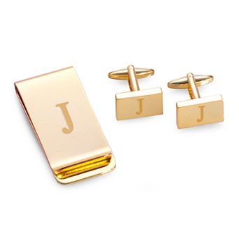 Bey-Berk Gold Tone Monogram Money Clip & Cufflinks Set