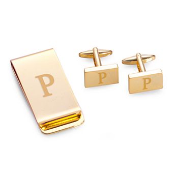 Bey-Berk Gold Tone Monogram Money Clip & Cufflinks Set