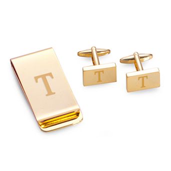 Bey-Berk Gold Tone Monogram Money Clip & Cufflinks Set