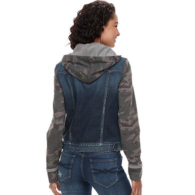 Juniors' Mudd® Hooded Knit Sleeve Jean Jacket