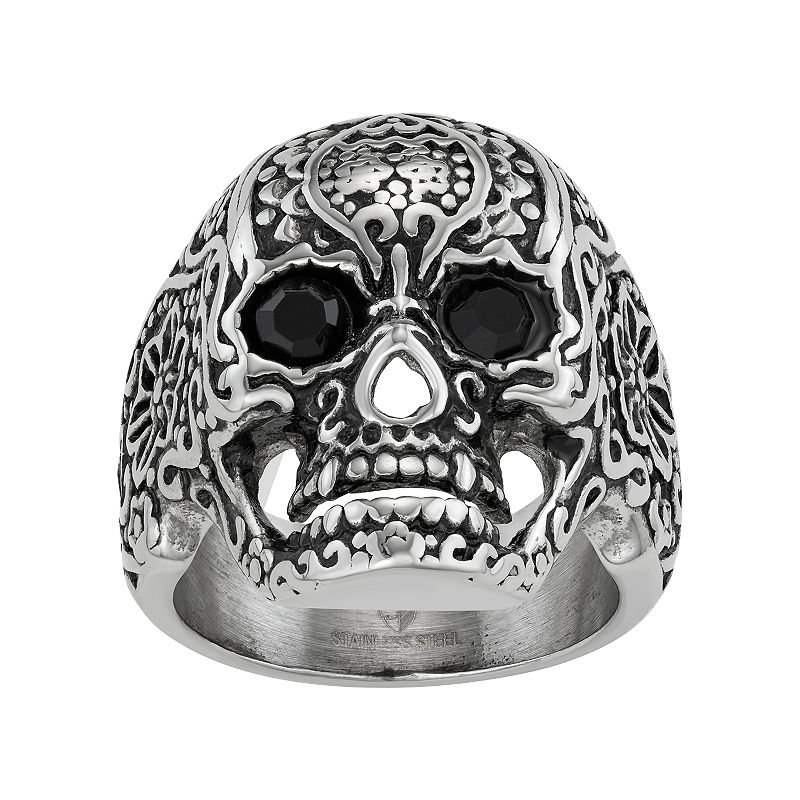 Mens Stainless Steel Floral Skull Ring, Size: 10, Grey