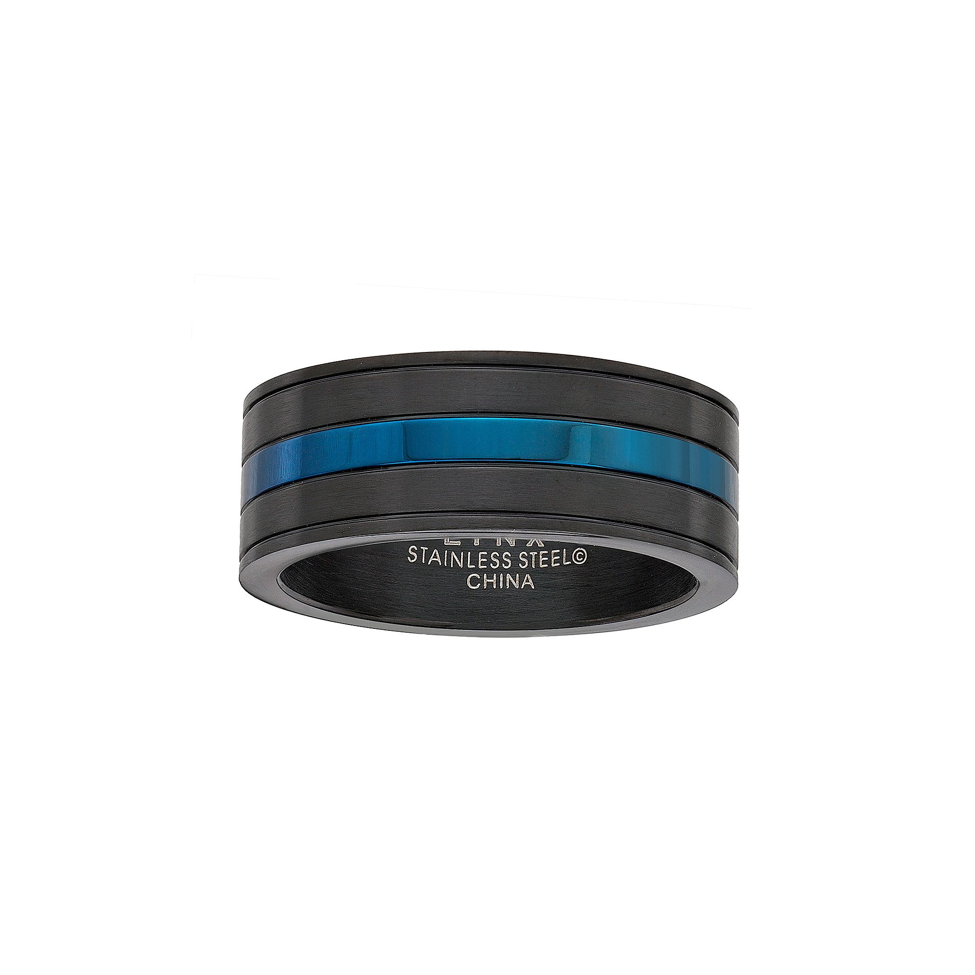 LYNX Mens Striped Black & Blue Stainless Steel Ring, Size: 8, Two Tone