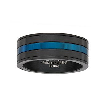 LYNX Men's Striped Black & Blue Stainless Steel Ring