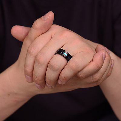 LYNX Men's Striped Black & Blue Stainless Steel Ring