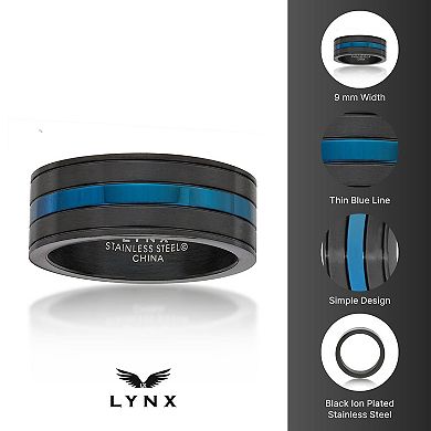 LYNX Men's Striped Black & Blue Stainless Steel Ring