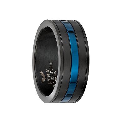 LYNX Men's Striped Black & Blue Stainless Steel Ring