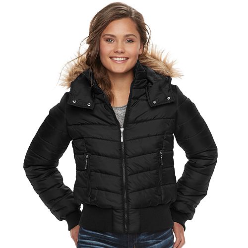 Juniors' J2 FauxFur Hood Puffer Bomber Jacket