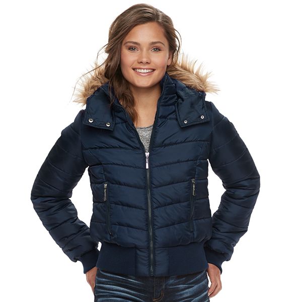 Puffer bomber jacket with fur hood on sale