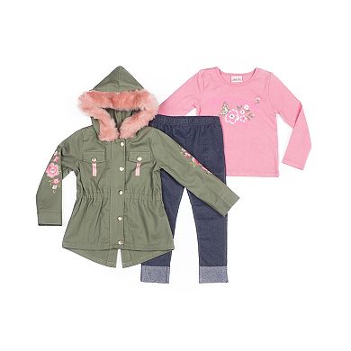 Girls 4-6x Little Lass "Awesome" Graphic Tee, Faux-Fur Twill Jacket & Cuffed Jeggings Set