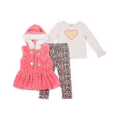 Girls 4-6x Little Lass Faux-Fur Vest, Heart Graphic Tee & Cheetah Leggings Set