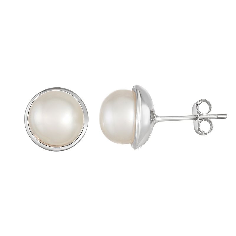 Sterling Silver Freshwater Cultured Pearl Button Earrings, Womens, White