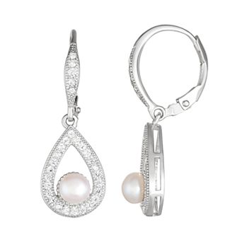 Sterling Silver Freshwater Cultured Pearl & Cubic Zirconia Teardrop Earrings