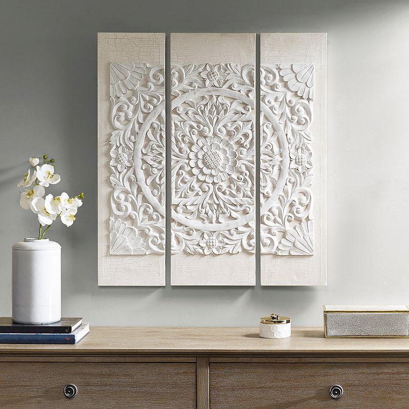 Wooden Mandala Printed Canvas 3pc Set Decorative Wall Art Set White