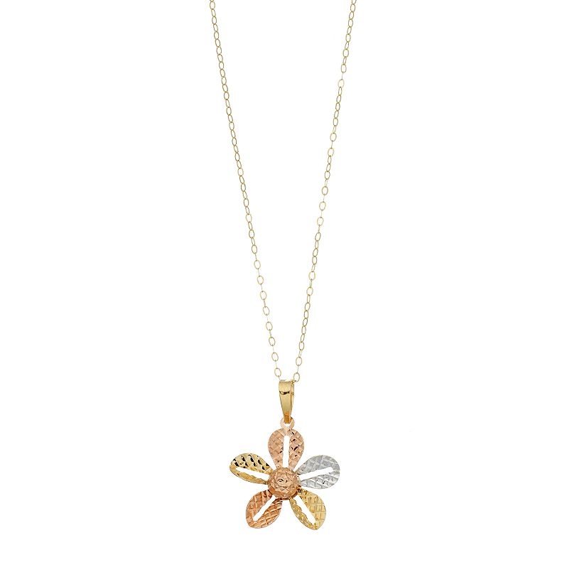 10k Gold Tri-Tone Flower Pendant Necklace