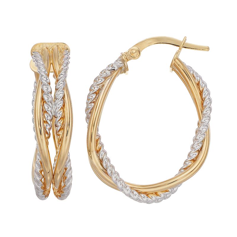 Forever 14K Two Tone Twist Hoop Earrings, Womens, Yellow