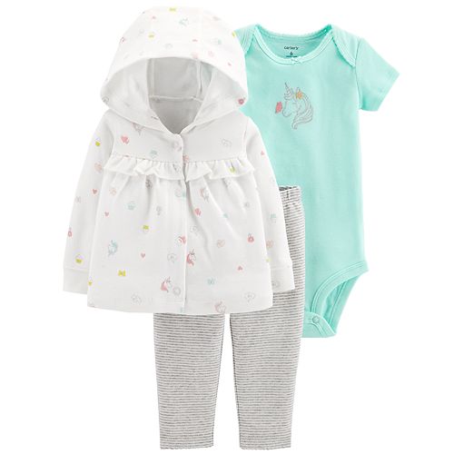 Baby Girl Carter's Unicorn Cardigan, Bodysuit & Striped Leggings Set