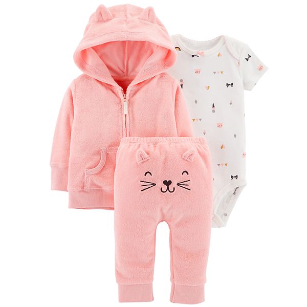 Baby Girl Carter's Print Bodysuit, Hooded Cardigan & Embroidered Pants Set