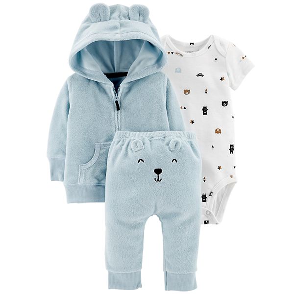 Baby Boy Carter's Print Bodysuit, Hooded Cardigan & Embroidered Pants Set