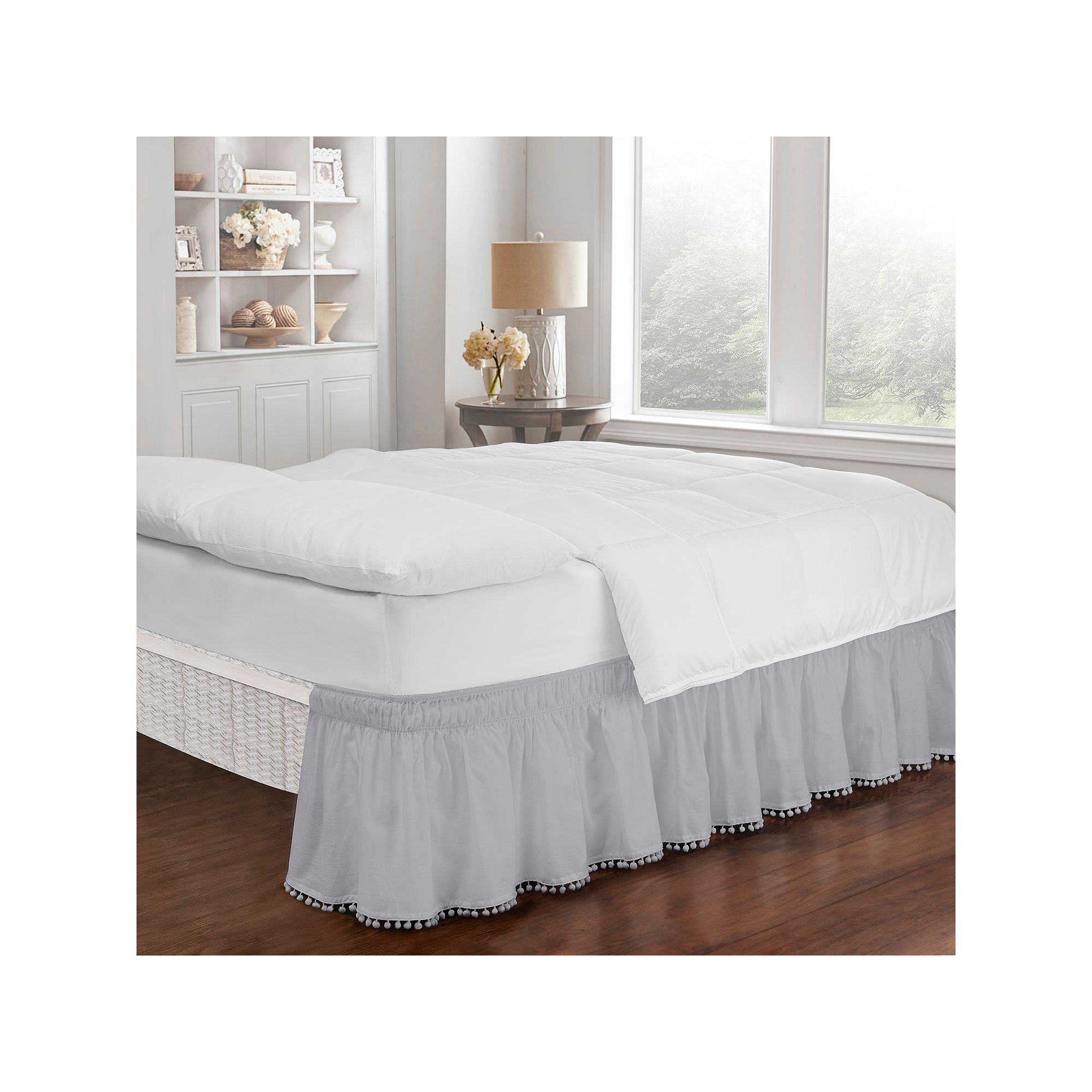 EasyFit Pom Pom Fringe Bedskirt, Size: QUEEN/KING, Gray