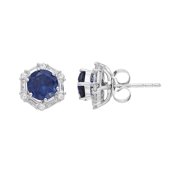 Sterling Silver Lab-Created Blue & White Sapphire Halo Hexagon Stud ...