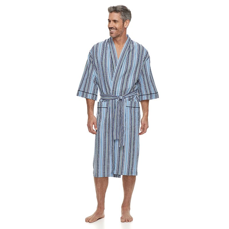 Big and Tall Luxury All Cotton Traditional Seersucker Kimono Robe to 5XT and 6XB Blue Multistripe 