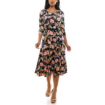 Women's Nina Leonard Sylvia Three-Quarter Sleeve Belted Dress