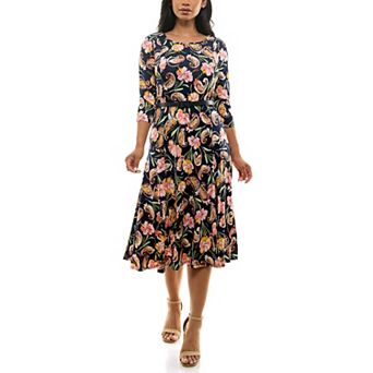 Women's Nina Leonard Sylvia Three-Quarter Sleeve Belted Dress