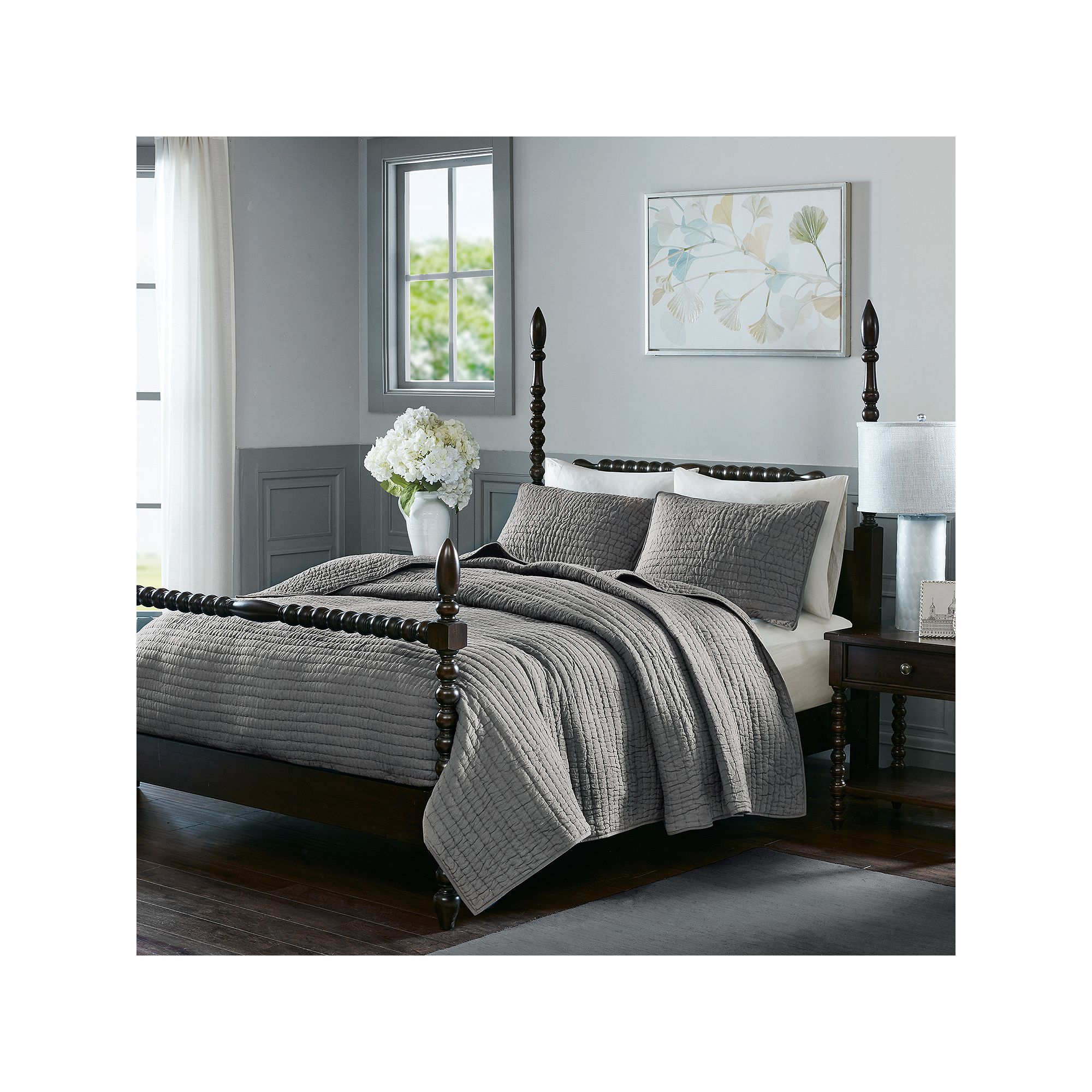 Madison Park Signature Serene 3-Piece Cotton Quilt Set with Shams, Gray