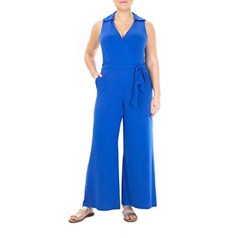 Women's Nina Leonard Collared Sleeveless Surplice Wide-Leg Jumpsuit