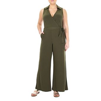 Women's Nina Leonard Collared Sleeveless Surplice Wide-Leg Jumpsuit