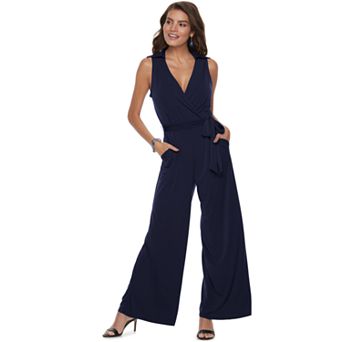 Women's Nina Leonard Collared Sleeveless Surplice Wide-Leg Jumpsuit