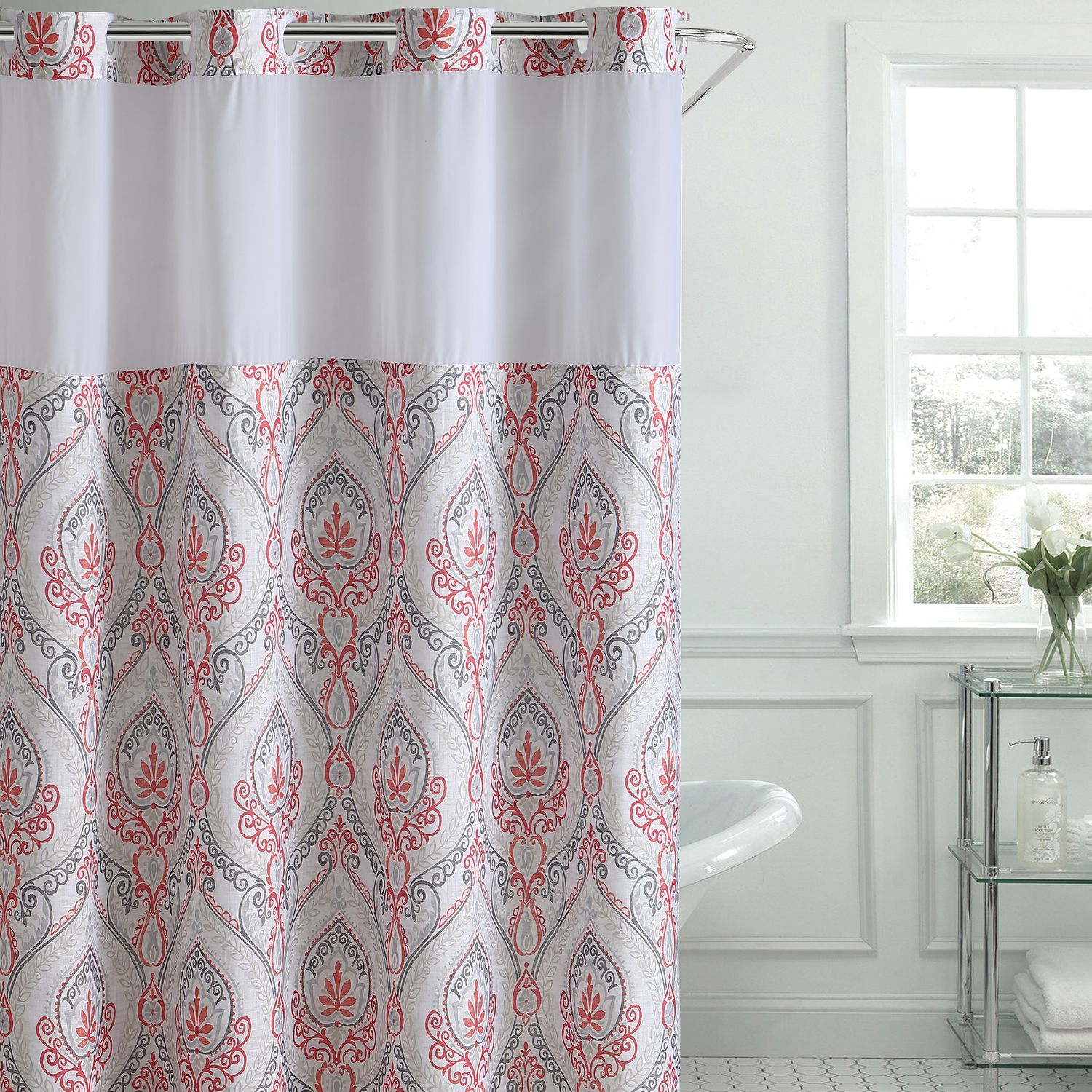 Hookless French Damask Print Coral Shower Curtain Peva Liner